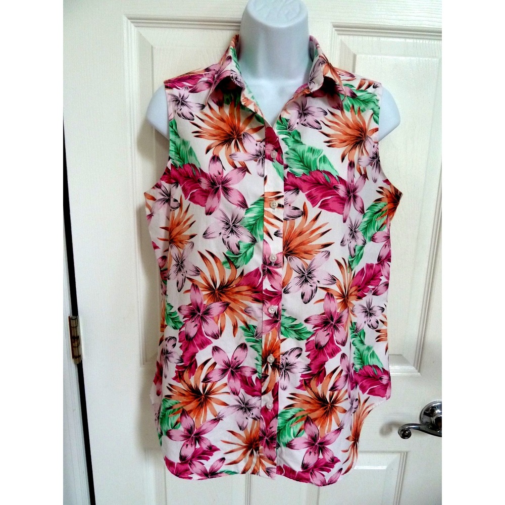 Lands' End Sz 6 S No Iron Supima Cotton Sleeveless Blouse Tropical Floral Pink